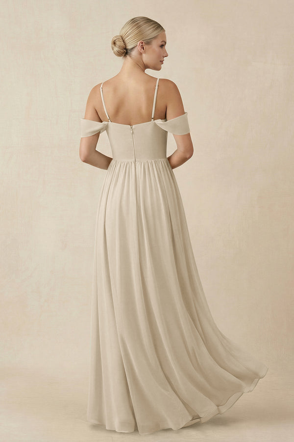 Off - the - Shoulder Sweetheart A - Line Chiffon Bridesmaid Dress in Champagne - KissProm Bridesmaid Dresses