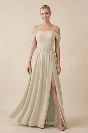 Off - the - Shoulder Sweetheart A - Line Chiffon Bridesmaid Dress in Champagne - KissProm Bridesmaid Dresses