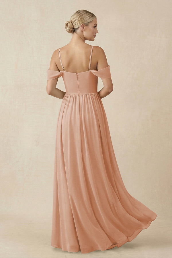 Off - the - Shoulder Sweetheart A - Line Chiffon Bridesmaid Dress in Champagne Rose - KissProm Bridesmaid Dresses