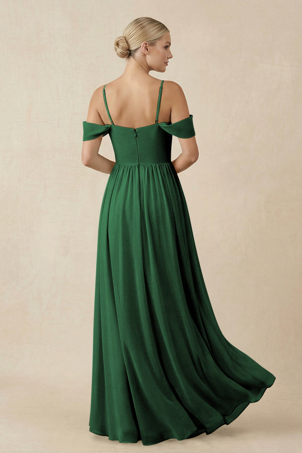 Off - the - Shoulder Sweetheart A - Line Chiffon Bridesmaid Dress in Dark Green - KissProm Bridesmaid Dresses