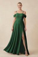 Off - the - Shoulder Sweetheart A - Line Chiffon Bridesmaid Dress in Dark Green - KissProm Bridesmaid Dresses