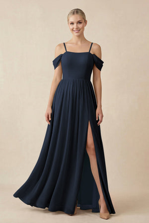 Off - the - Shoulder Sweetheart A - Line Chiffon Bridesmaid Dress in Dark Navy - KissProm Bridesmaid Dresses