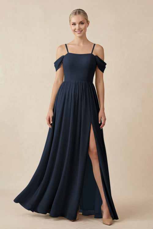 Off - the - Shoulder Sweetheart A - Line Chiffon Bridesmaid Dress in Dark Navy - KissProm Bridesmaid Dresses