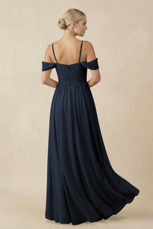 Off - the - Shoulder Sweetheart A - Line Chiffon Bridesmaid Dress in Dark Navy - KissProm Bridesmaid Dresses