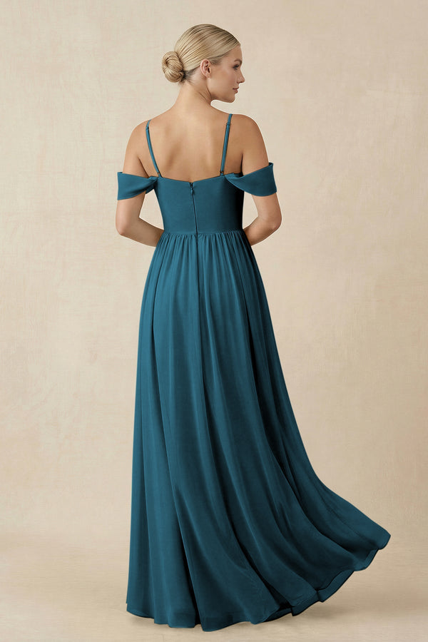 Off - the - Shoulder Sweetheart A - Line Chiffon Bridesmaid Dress in Dark Teal - KissProm Bridesmaid Dresses