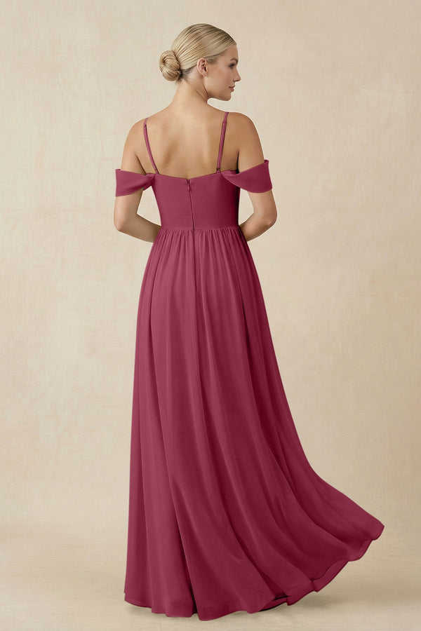 Off - the - Shoulder Sweetheart A - Line Chiffon Bridesmaid Dress in Desert Rose - KissProm Bridesmaid Dresses