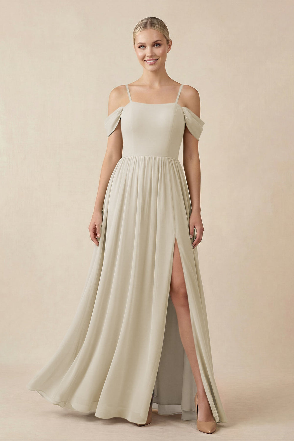 Off - the - Shoulder Sweetheart A - Line Chiffon Bridesmaid Dress in Dove Gray - KissProm Bridesmaid Dresses