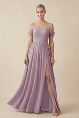 Off - the - Shoulder Sweetheart A - Line Chiffon Bridesmaid Dress in Dusk - KissProm Bridesmaid Dresses