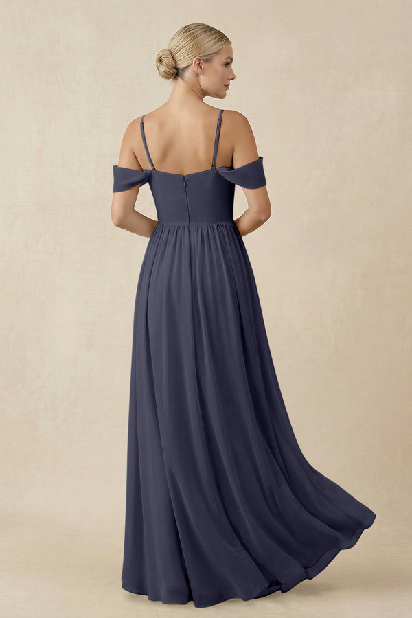 Off - the - Shoulder Sweetheart A - Line Chiffon Bridesmaid Dress in Dusk Blue - KissProm Bridesmaid Dresses