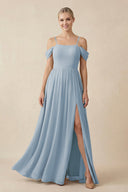 Off - the - Shoulder Sweetheart A - Line Chiffon Bridesmaid Dress in Dusty Blue - KissProm Bridesmaid Dresses