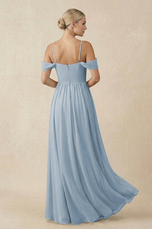 Off - the - Shoulder Sweetheart A - Line Chiffon Bridesmaid Dress in Dusty Blue - KissProm Bridesmaid Dresses