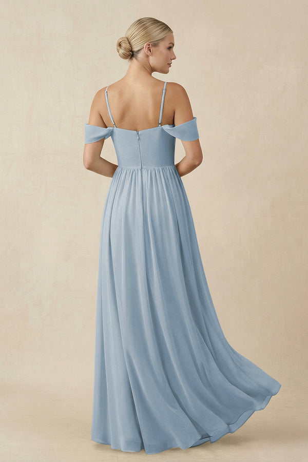 Off - the - Shoulder Sweetheart A - Line Chiffon Bridesmaid Dress in Dusty Blue - KissProm Bridesmaid Dresses