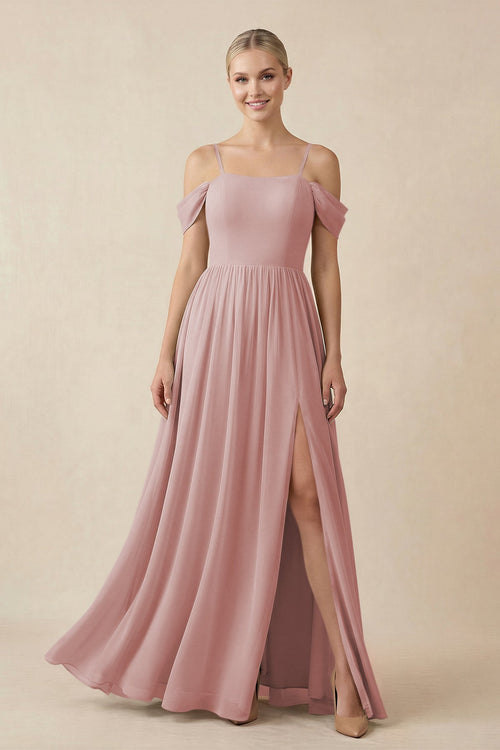 Off - the - Shoulder Sweetheart A - Line Chiffon Bridesmaid Dress in Dusty Rose - KissProm Bridesmaid Dresses