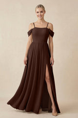 Off - the - Shoulder Sweetheart A - Line Chiffon Bridesmaid Dress in Espresso - KissProm Bridesmaid Dresses