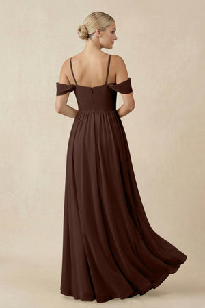 Off - the - Shoulder Sweetheart A - Line Chiffon Bridesmaid Dress in Espresso - KissProm Bridesmaid Dresses