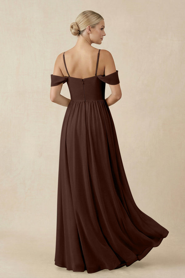 Off - the - Shoulder Sweetheart A - Line Chiffon Bridesmaid Dress in Espresso - KissProm Bridesmaid Dresses