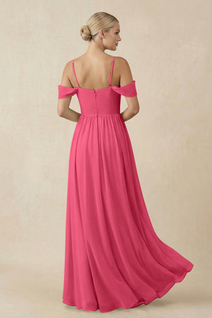 Off - the - Shoulder Sweetheart A - Line Chiffon Bridesmaid Dress in Fuchsia - KissProm Bridesmaid Dresses