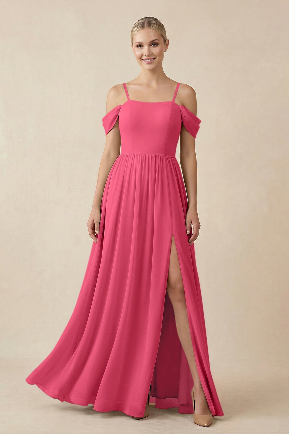 Off - the - Shoulder Sweetheart A - Line Chiffon Bridesmaid Dress in Fuchsia - KissProm Bridesmaid Dresses