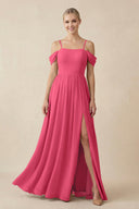 Off - the - Shoulder Sweetheart A - Line Chiffon Bridesmaid Dress in Fuchsia - KissProm Bridesmaid Dresses