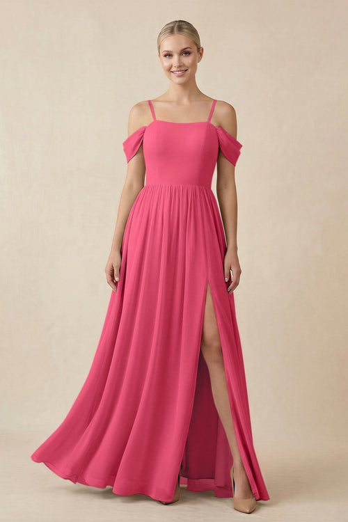 Off - the - Shoulder Sweetheart A - Line Chiffon Bridesmaid Dress in Fuchsia - KissProm Bridesmaid Dresses