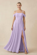 Off - the - Shoulder Sweetheart A - Line Chiffon Bridesmaid Dress in Lavender - KissProm Bridesmaid Dresses