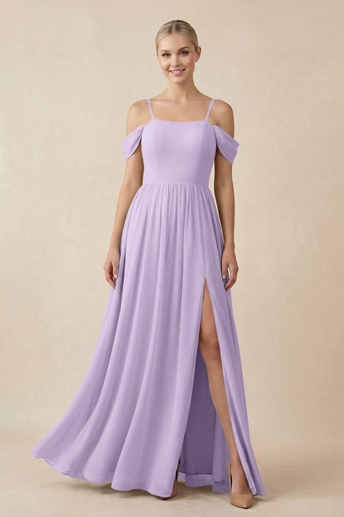 Off - the - Shoulder Sweetheart A - Line Chiffon Bridesmaid Dress in Lavender - KissProm Bridesmaid Dresses