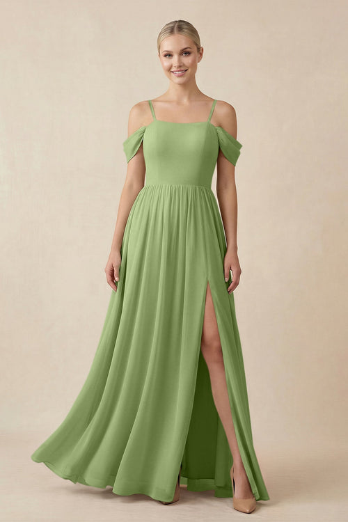Off - the - Shoulder Sweetheart A - Line Chiffon Bridesmaid Dress in Matcha - KissProm Bridesmaid Dresses