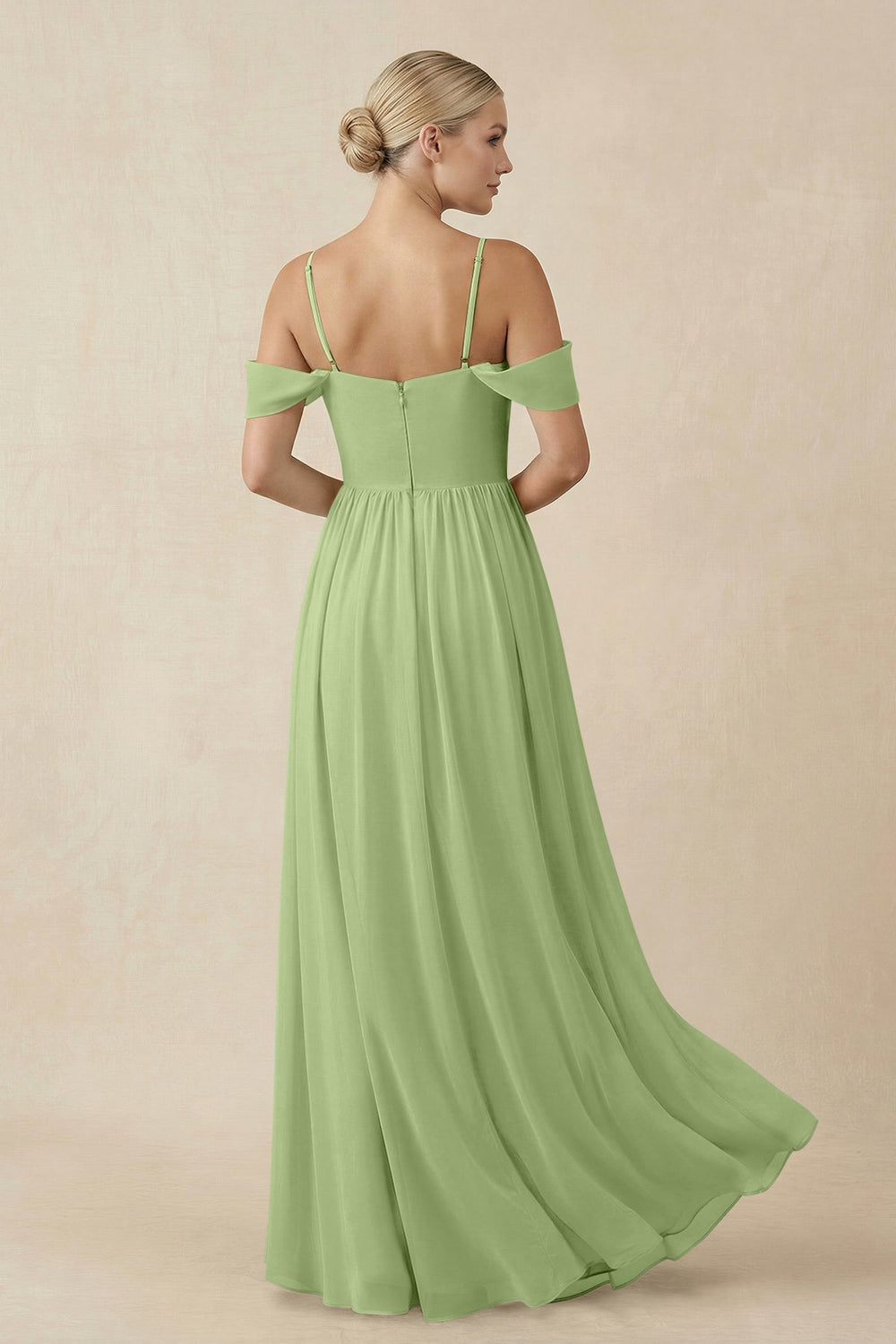 Off - the - Shoulder Sweetheart A - Line Chiffon Bridesmaid Dress in Matcha - KissProm Bridesmaid Dresses