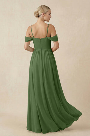 Off - the - Shoulder Sweetheart A - Line Chiffon Bridesmaid Dress in Moss - KissProm Bridesmaid Dresses