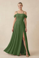 Off - the - Shoulder Sweetheart A - Line Chiffon Bridesmaid Dress in Moss - KissProm Bridesmaid Dresses