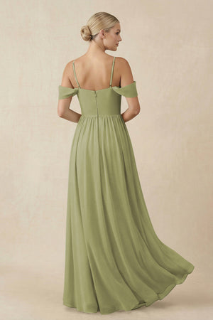Off - the - Shoulder Sweetheart A - Line Chiffon Bridesmaid Dress in Moss Green - KissProm Bridesmaid Dresses