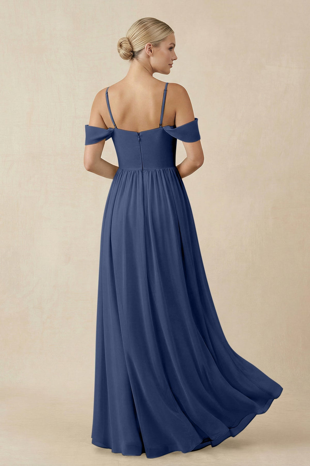 Off - the - Shoulder Sweetheart A - Line Chiffon Bridesmaid Dress in Navy - KissProm Bridesmaid Dresses