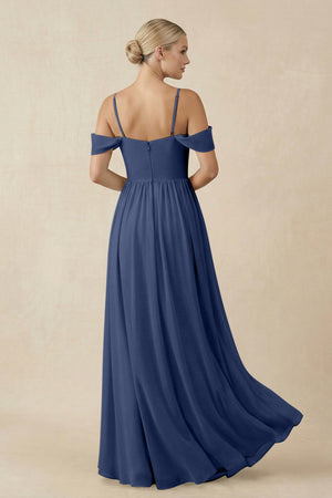 Off - the - Shoulder Sweetheart A - Line Chiffon Bridesmaid Dress in Navy - KissProm Bridesmaid Dresses