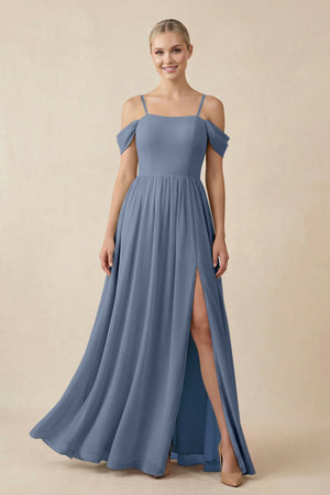 Off - the - Shoulder Sweetheart A - Line Chiffon Bridesmaid Dress in Neptune - KissProm Bridesmaid Dresses