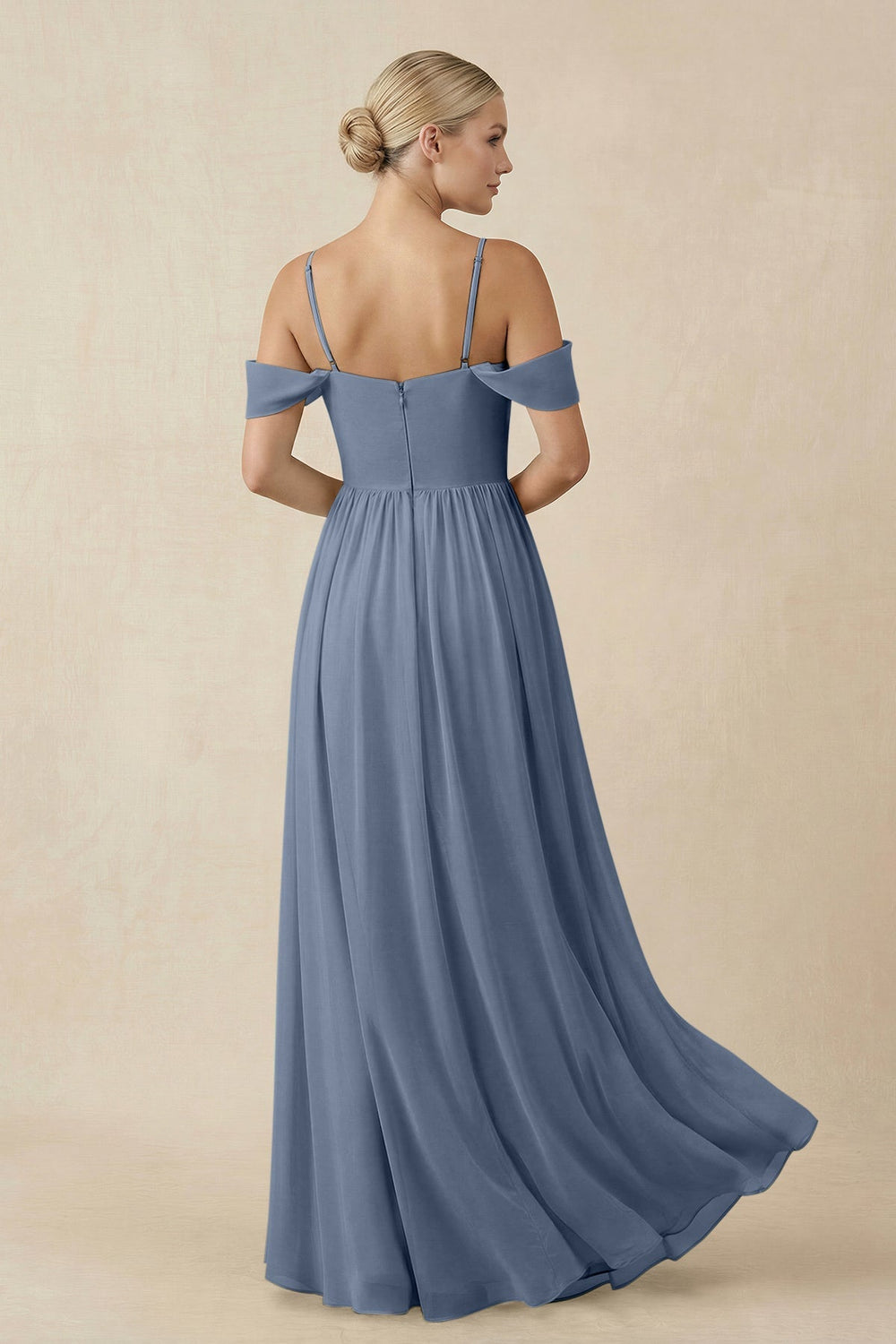 Off - the - Shoulder Sweetheart A - Line Chiffon Bridesmaid Dress in Neptune - KissProm Bridesmaid Dresses