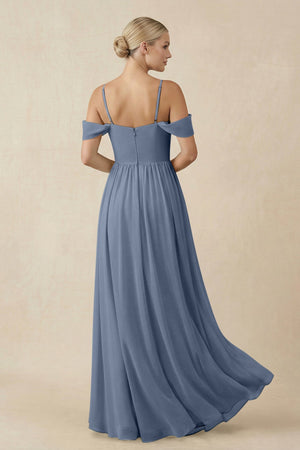 Off - the - Shoulder Sweetheart A - Line Chiffon Bridesmaid Dress in Neptune - KissProm Bridesmaid Dresses