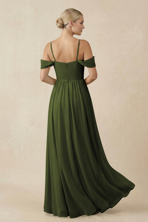 Off - the - Shoulder Sweetheart A - Line Chiffon Bridesmaid Dress in Olive - KissProm Bridesmaid Dresses