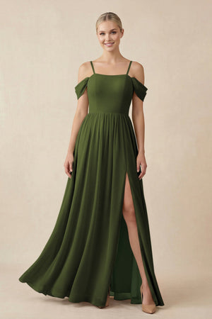 Off - the - Shoulder Sweetheart A - Line Chiffon Bridesmaid Dress in Olive - KissProm Bridesmaid Dresses