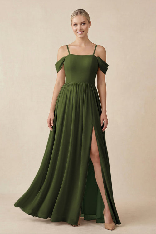Off - the - Shoulder Sweetheart A - Line Chiffon Bridesmaid Dress in Olive - KissProm Bridesmaid Dresses