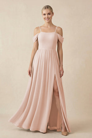 Off - the - Shoulder Sweetheart A - Line Chiffon Bridesmaid Dress in Pale Blush - KissProm Bridesmaid Dresses