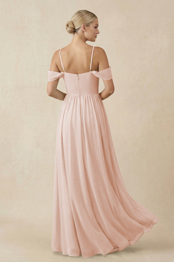 Off - the - Shoulder Sweetheart A - Line Chiffon Bridesmaid Dress in Pale Blush - KissProm Bridesmaid Dresses