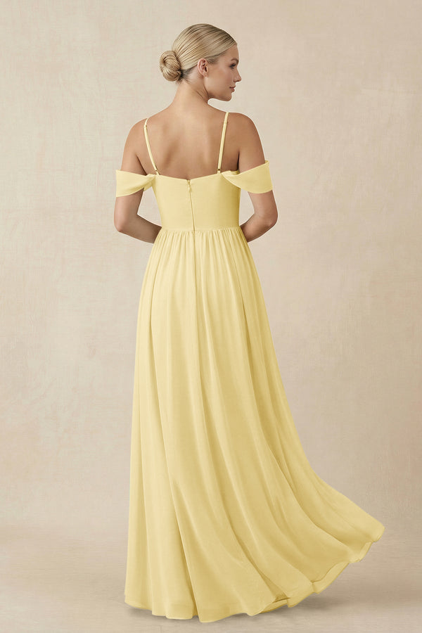 Off - the - Shoulder Sweetheart A - Line Chiffon Bridesmaid Dress in Paste Yellow - KissProm Bridesmaid Dresses