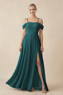 Off - the - Shoulder Sweetheart A - Line Chiffon Bridesmaid Dress in Pine - KissProm Bridesmaid Dresses