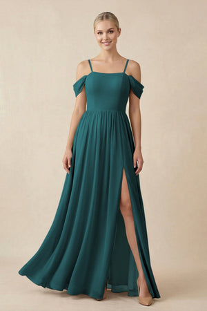 Off - the - Shoulder Sweetheart A - Line Chiffon Bridesmaid Dress in Pine - KissProm Bridesmaid Dresses