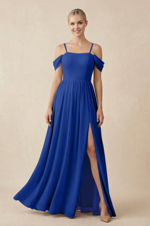 Off - the - Shoulder Sweetheart A - Line Chiffon Bridesmaid Dress in Royal Blue - KissProm Bridesmaid Dresses