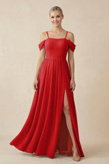 Off - the - Shoulder Sweetheart A - Line Chiffon Bridesmaid Dress in Ruby Red - KissProm Bridesmaid Dresses