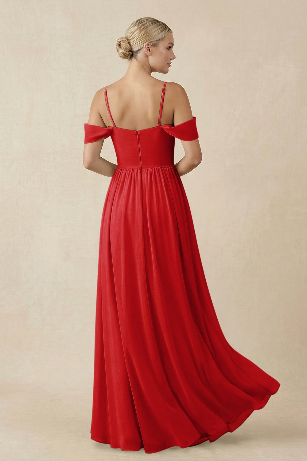 Off - the - Shoulder Sweetheart A - Line Chiffon Bridesmaid Dress in Ruby Red - KissProm Bridesmaid Dresses