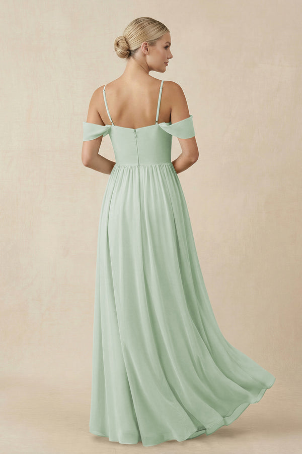 Off - the - Shoulder Sweetheart A - Line Chiffon Bridesmaid Dress in Sage - KissProm Bridesmaid Dresses
