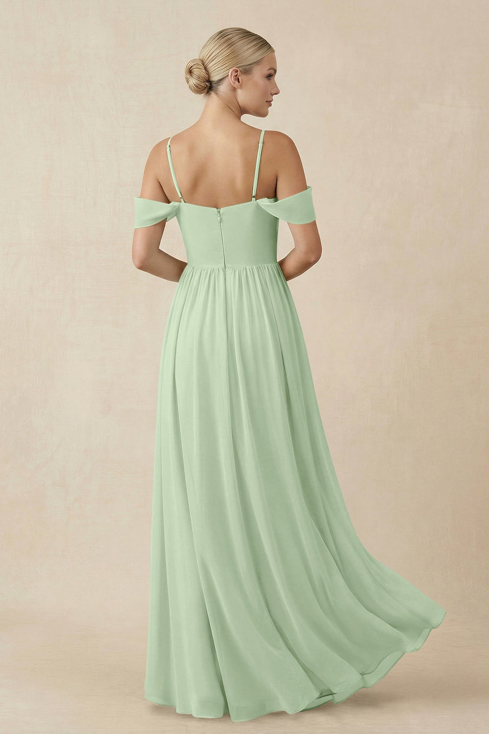 Off - the - Shoulder Sweetheart A - Line Chiffon Bridesmaid Dress in Sage - KissProm Bridesmaid Dresses