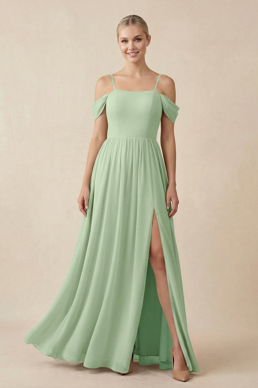 Off - the - Shoulder Sweetheart A - Line Chiffon Bridesmaid Dress in Sage - KissProm Bridesmaid Dresses